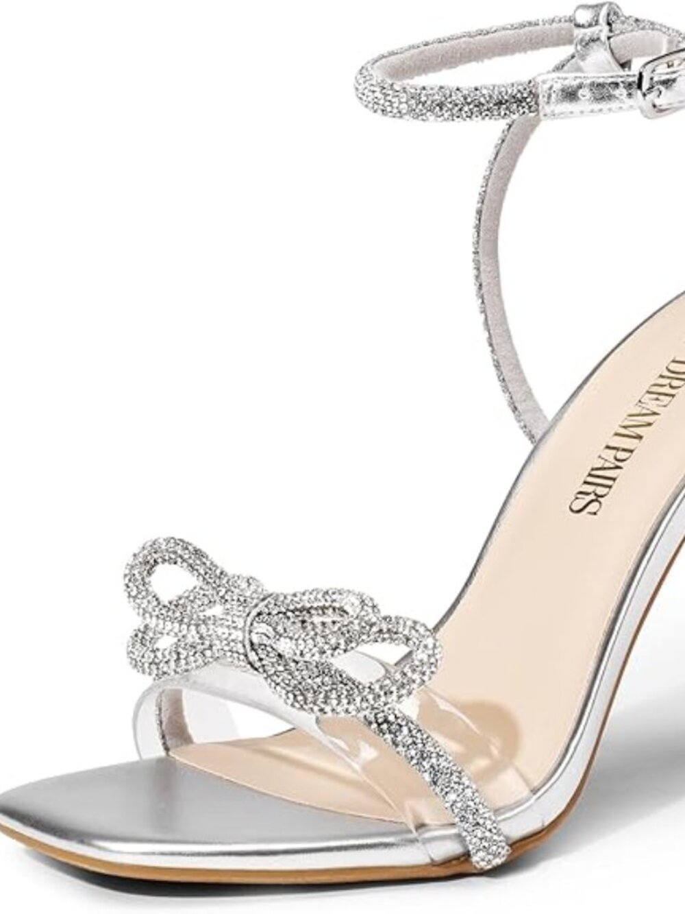 Women's Double Bowknots Crystal Sandals Clear Slingback Heels Square Toe Shoes f